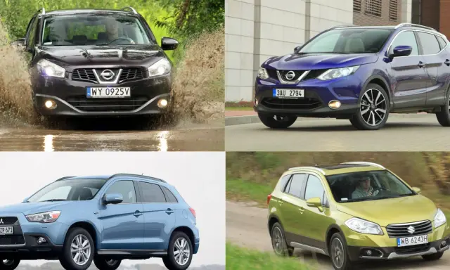 Ciemny i niebieski nowy Nissan Qashqai na tle miejskim, jasnoniebieski SUV i zielony crossover na tle przyrody.
