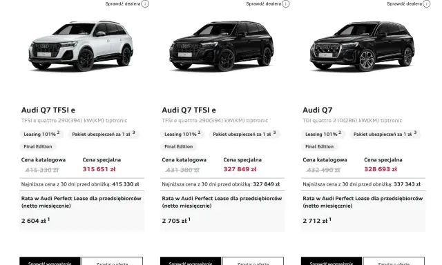 Trzy modele Audi Q7: biały TFSI e, czarny TFSI e i czarny TDI. Sprawdź audi q7 cena i oferty leasingu.