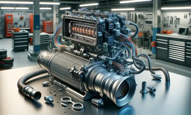 Nowoczesny silnik z widocznymi elementami, jakby przygotowany do diagnozy DTC P0420 Ford.