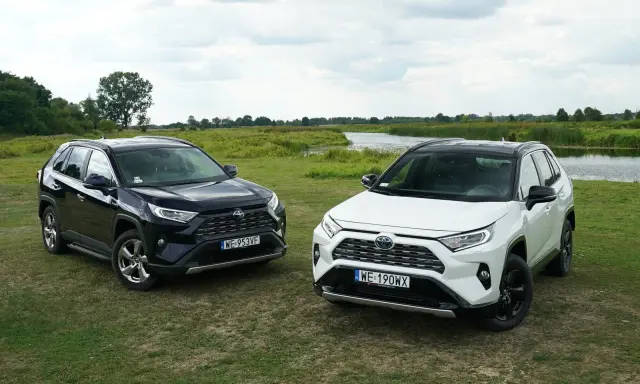 Dwa modele Toyota RAV4 2020, jeden czarny, drugi biały, stoją na trawie nad jeziorem.