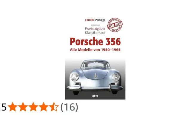 Okładka książki o Porsche 356, z widokiem na klasyczny samochód i informacją o 150 000 sprzedanych egzemplarzy.