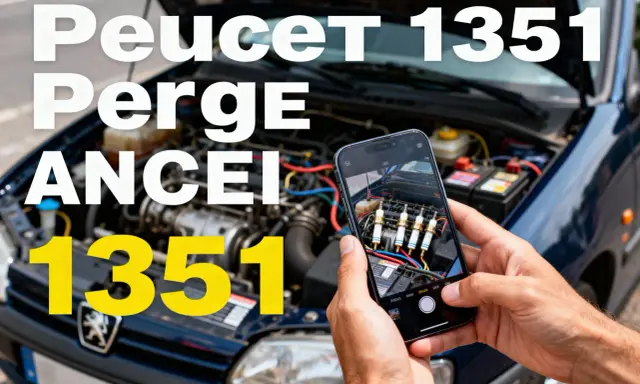 Ręce trzymają telefon, którym fotografują świece zapłonowe w silniku Peugeota. Na ekranie telefonu widoczny jest kod błędu DTC P1351.