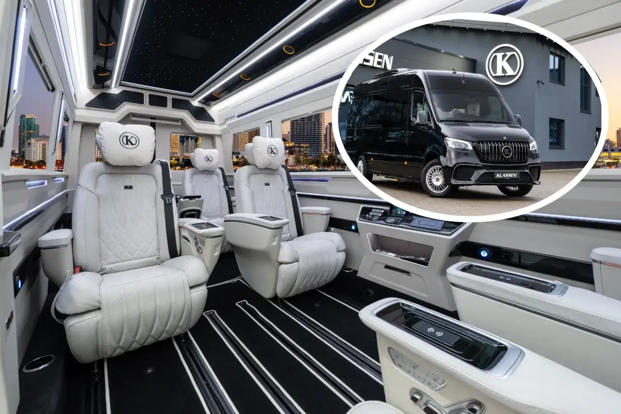Luksusowe wnętrze Lexusa LM 350h z białymi, skórzanymi fotelami i gwieździstym sufitem. W okręgu czarny Lexus LM 350h przed budynkiem.