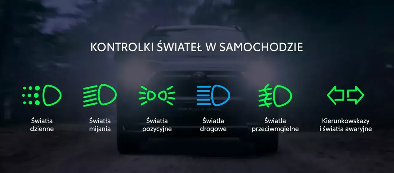 Ikony świateł w samochodzie: dzienne, mijania, pozycyjne, drogowe, przeciwmgielne i kierunkowskazy.