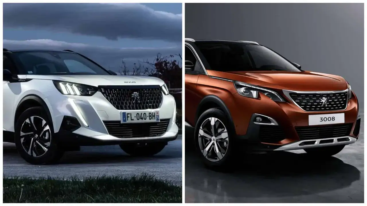 Dwa modele Peugeot SUV: biały z nowoczesnym przodem i pomarańczowy 3008.