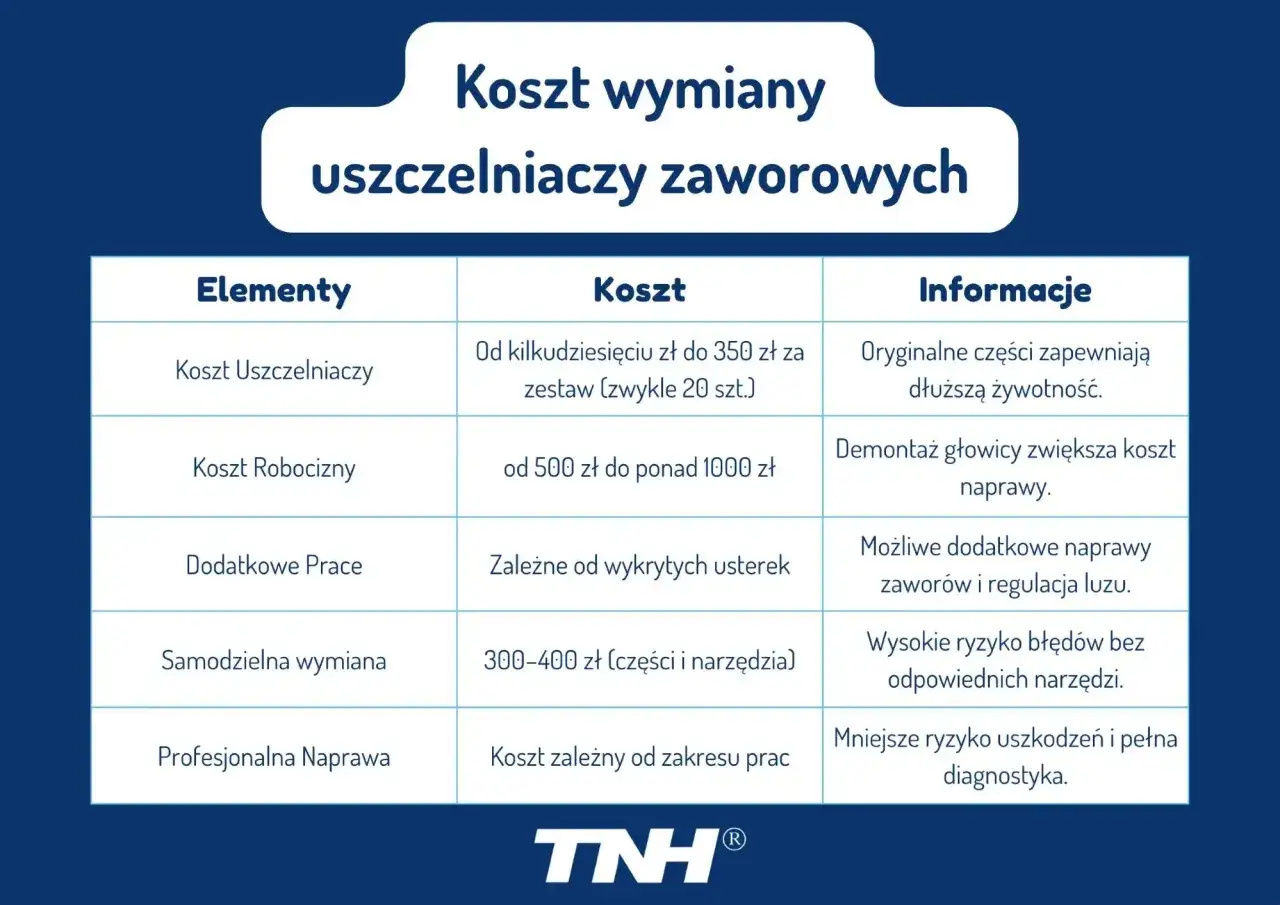 Tabela kosztów wymiany uszczelniaczy zaworowych. Objawy zużycia mogą prowadzić do wyższych wydatków.