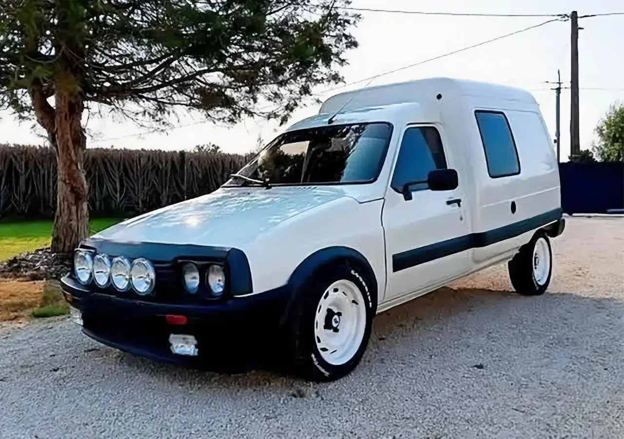 Biały Citroen C15 z dodatkowymi światłami na masce, zaparkowany przy drzewie.