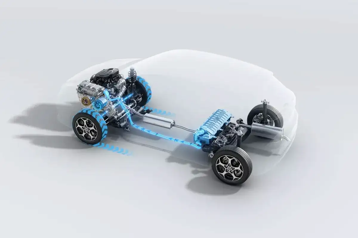 Schemat układu napędowego mg3 hybrid z widocznym silnikiem, baterią i przepływem energii.