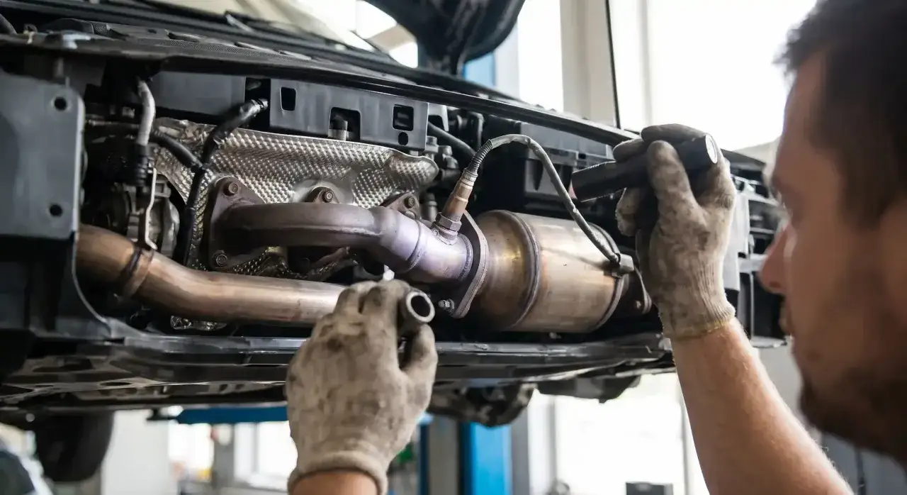 Mechanik sprawdza katalizator w Volkswagenie, być może z powodu błędu dtc p0420.
